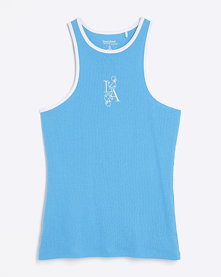 Blue Sleeveless Anchor Ribbed Tank Top