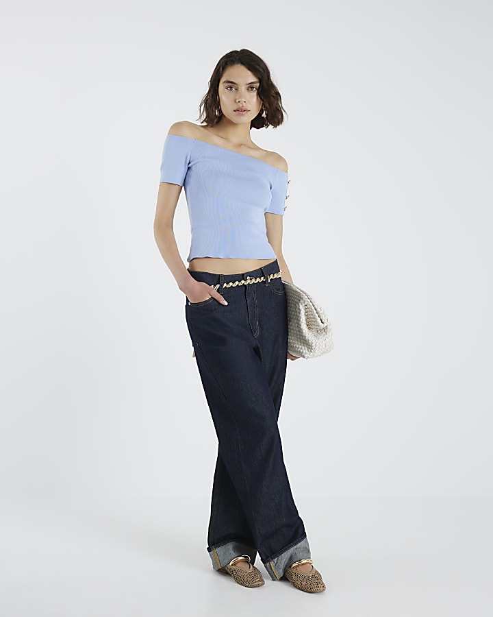 Blue Knit Bardot Top
