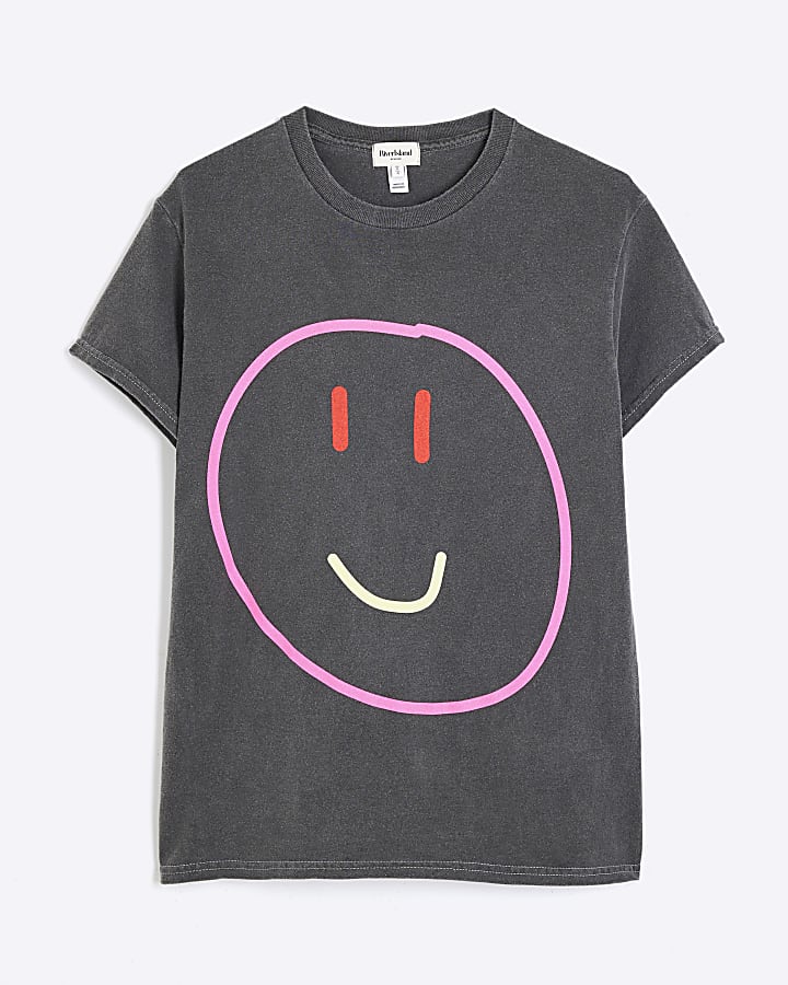 Grey Short Sleeve Washed Smiley T-shirt