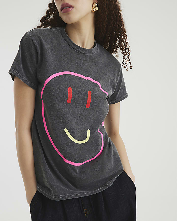 Grey Short Sleeve Washed Smiley T-shirt