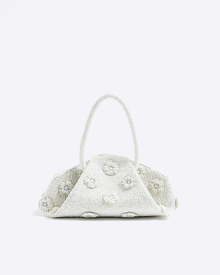Cream Premium Beaded Flower Clutch Bag