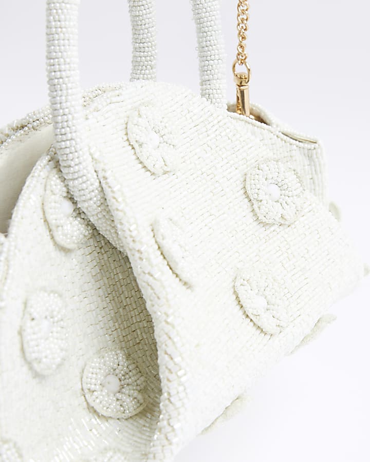 Cream Premium Beaded Flower Clutch Bag
