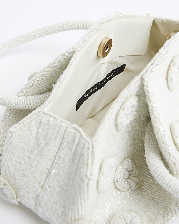 Cream Premium Beaded Flower Clutch Bag