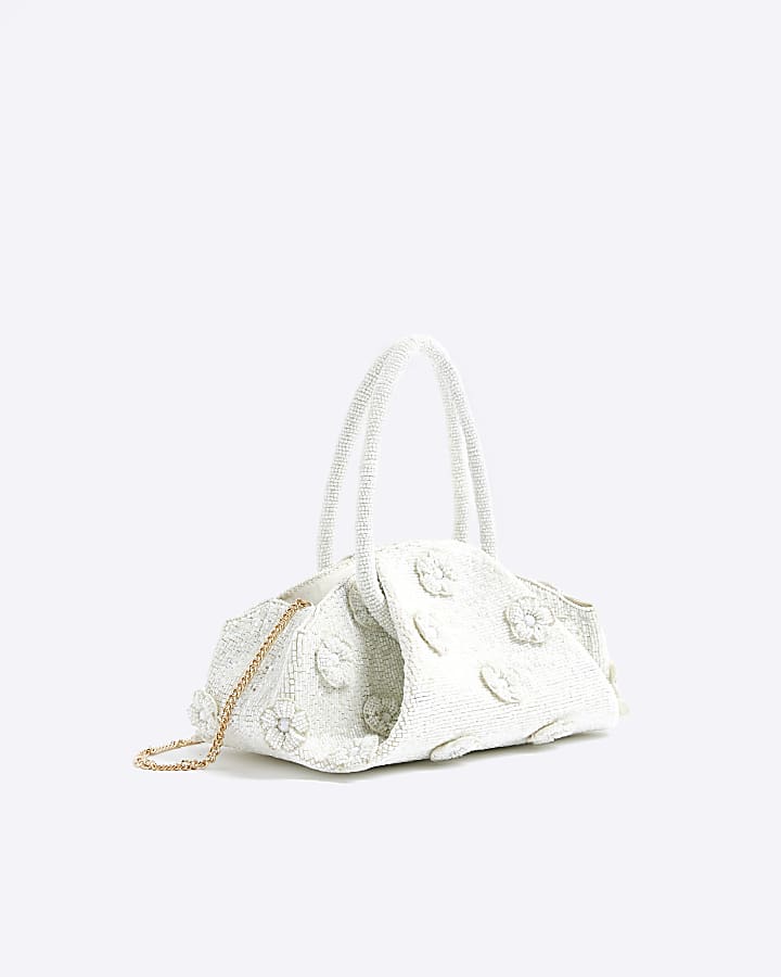 Cream Premium Beaded Flower Clutch Bag