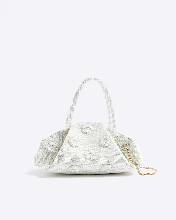 Cream Premium Beaded Flower Clutch Bag