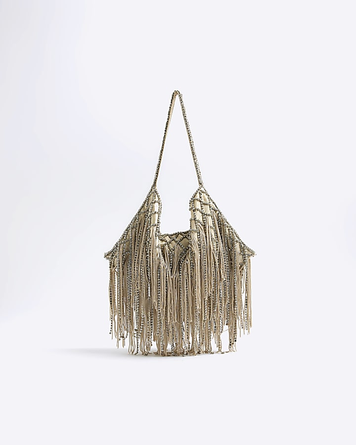 Cream Premium Crystal Fringe Shoulder Bag