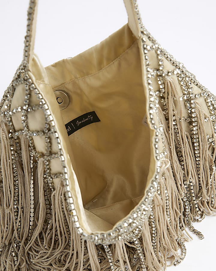 Cream Premium Crystal Fringe Shoulder Bag