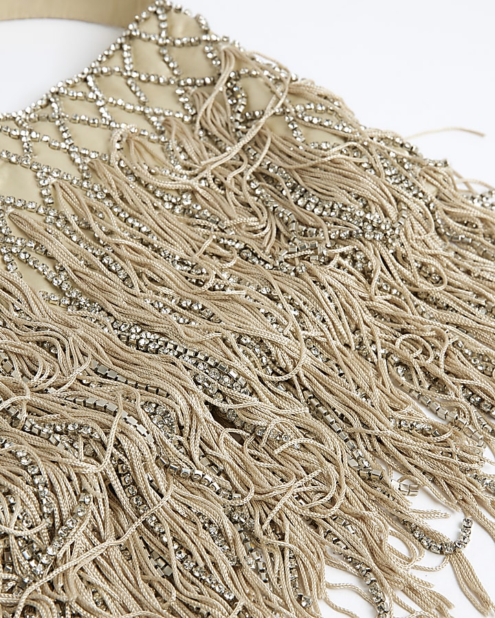 Cream Premium Crystal Fringe Shoulder Bag