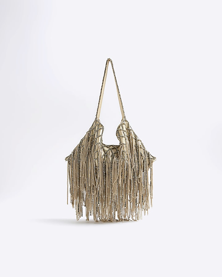 Cream Premium Crystal Fringe Shoulder Bag