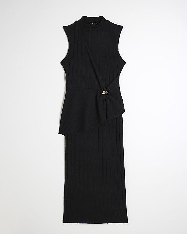 Black Asymmetric Cosy Ribbed Midi Dress