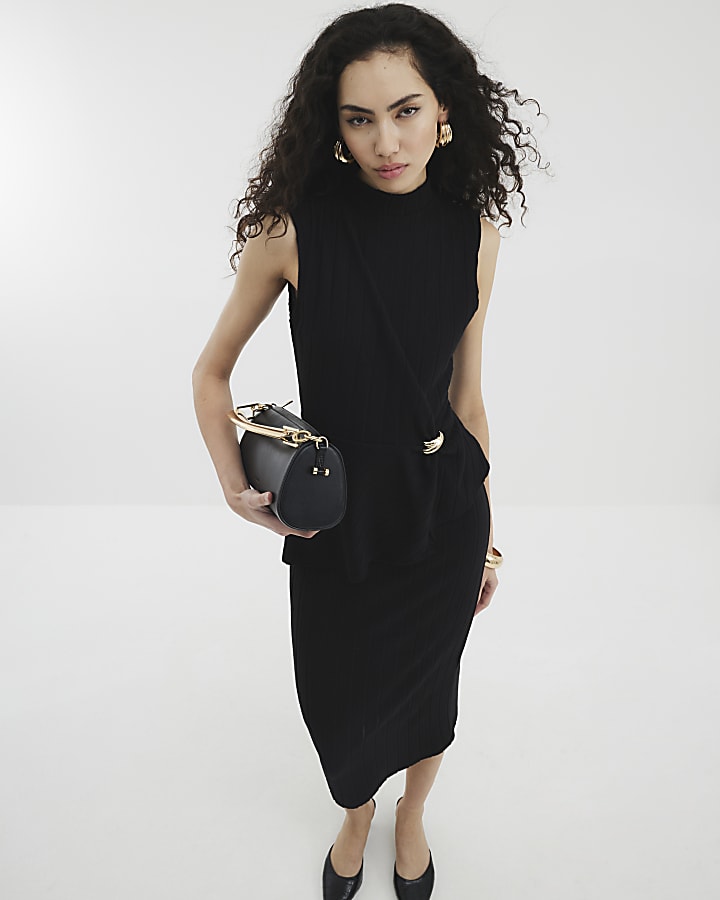 Black Asymmetric Cosy Ribbed Midi Dress