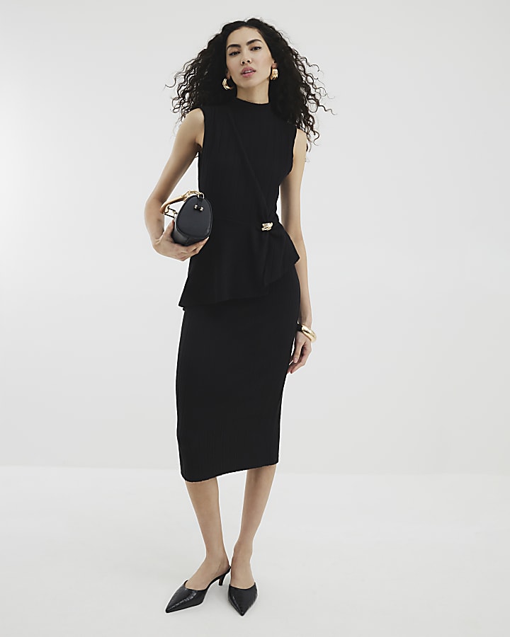 Black Asymmetric Cosy Ribbed Midi Dress