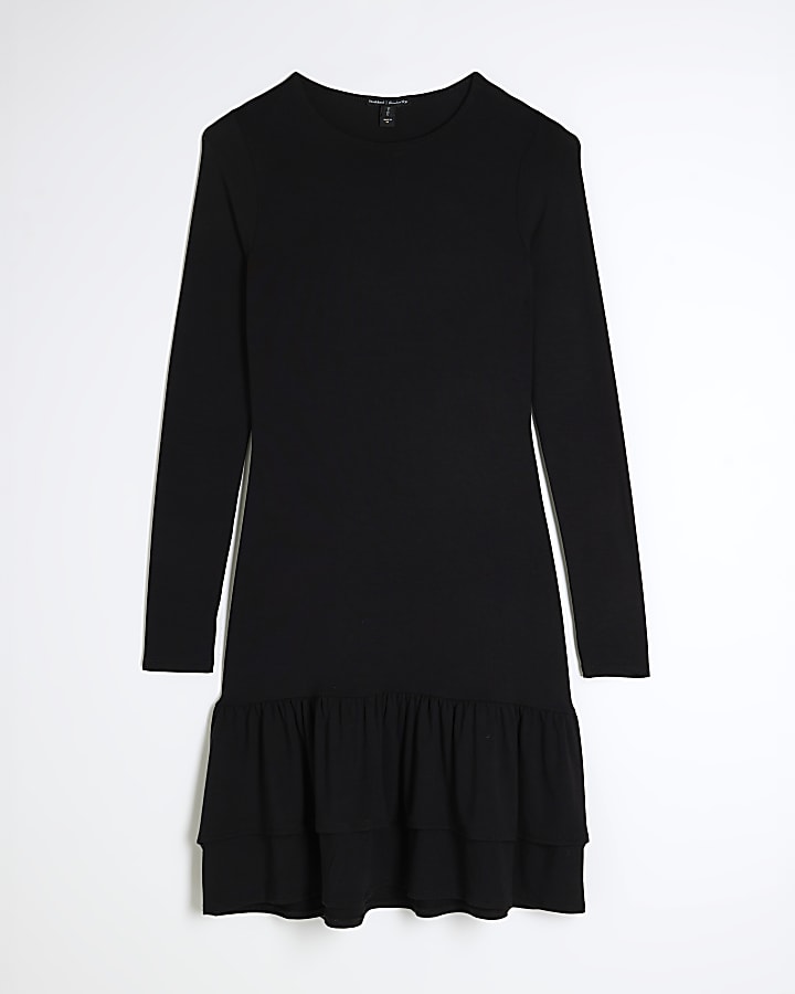 Black Long Sleeve Frill Hem Mini Dress