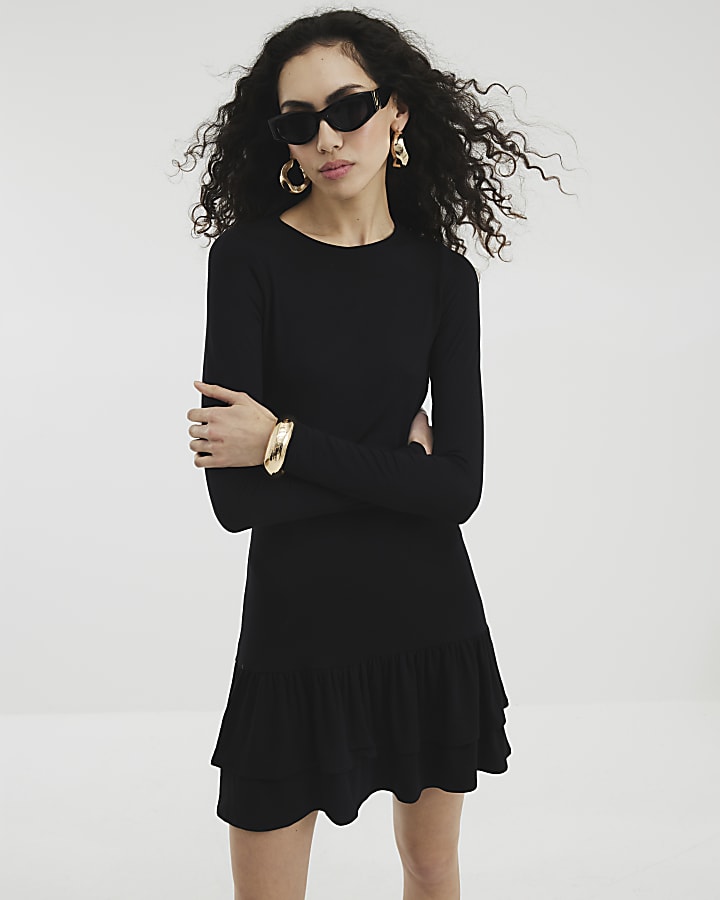 Black Long Sleeve Frill Hem Mini Dress