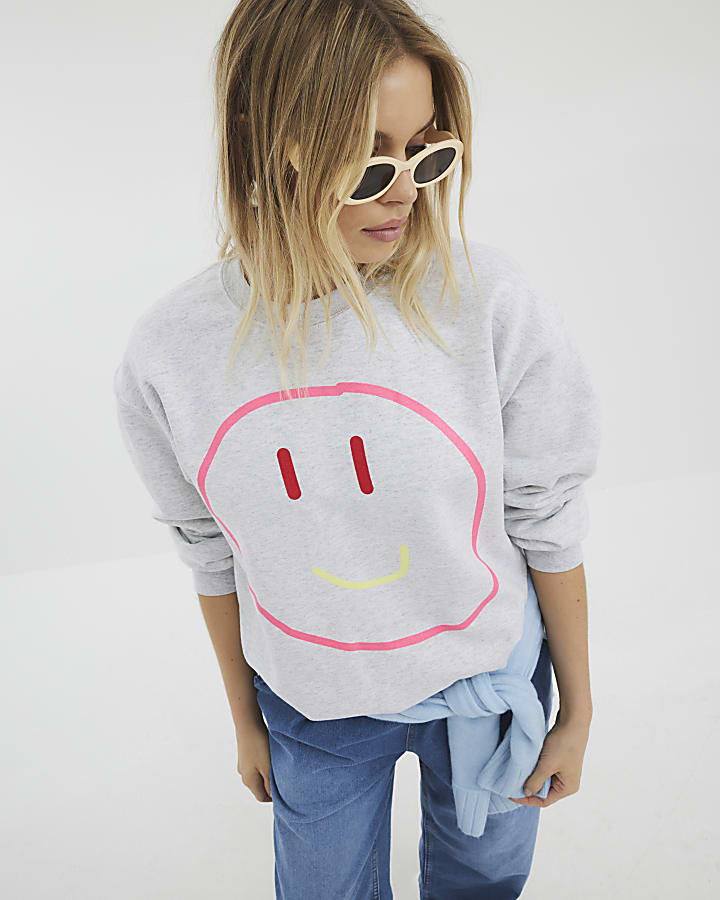 Grey Long Sleeve Smiley Face Sweatshirt