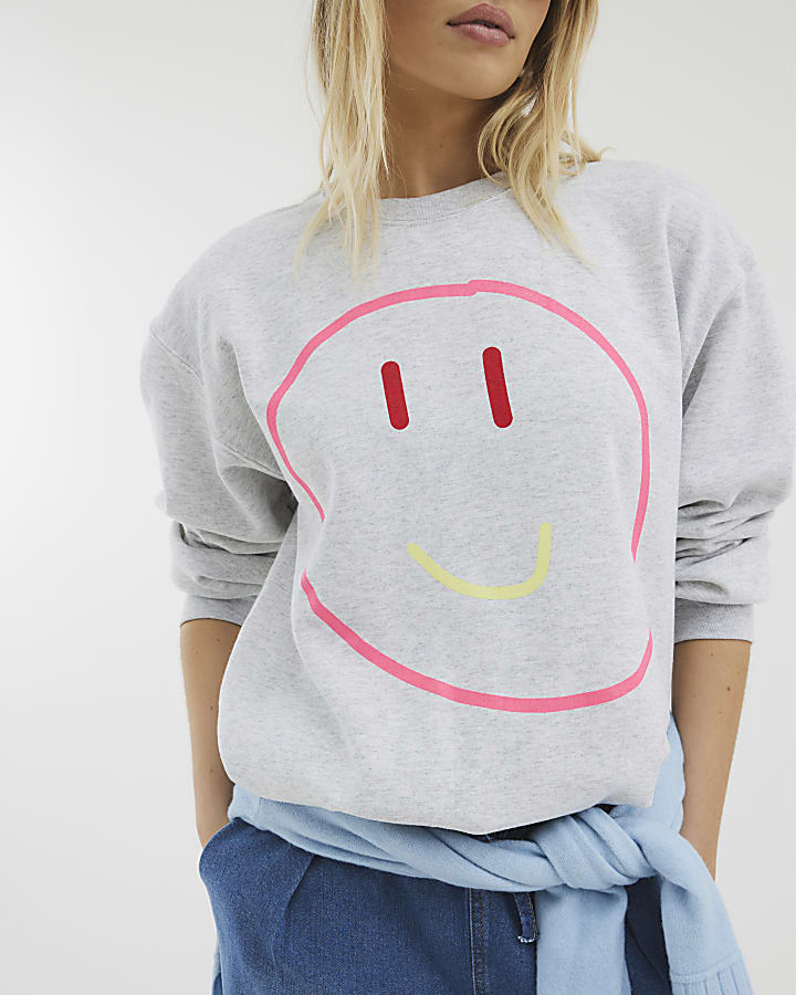 Grey Long Sleeve Smiley Face Sweatshirt