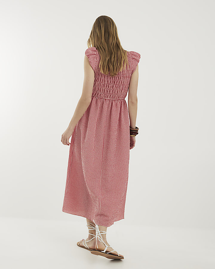 Red Gingham Cap Sleeve Shirred Midi Dress