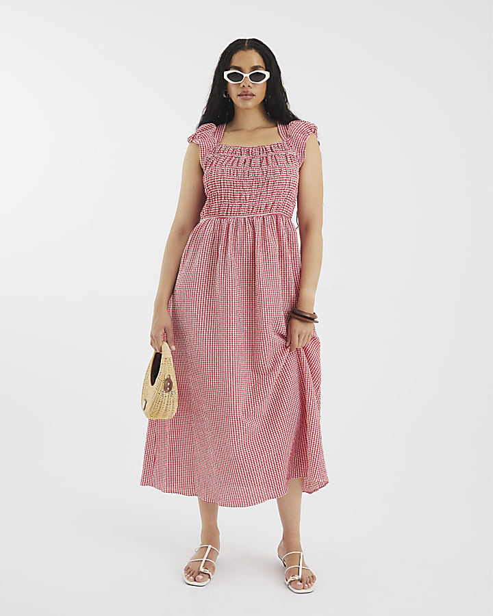 Red Gingham Cap Sleeve Shirred Midi Dress