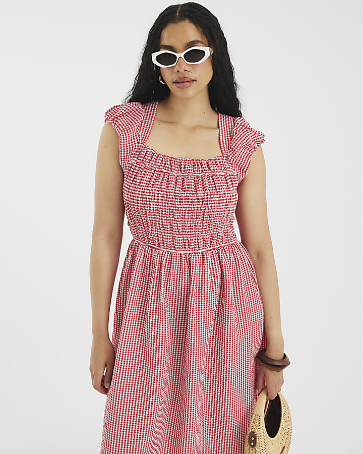 Red Gingham Cap Sleeve Shirred Midi Dress