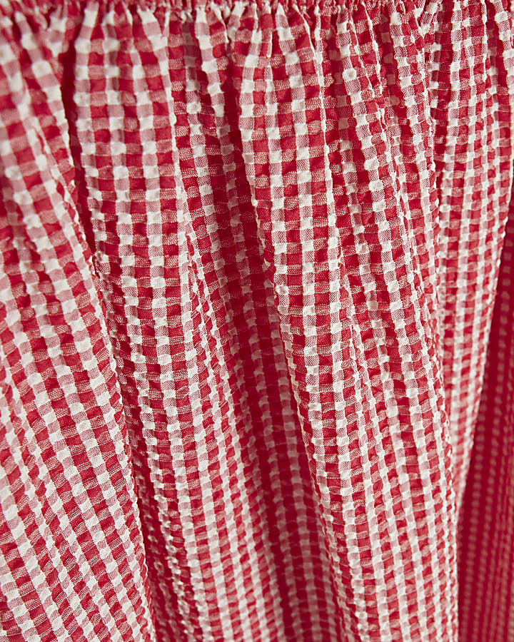 Red Gingham Cap Sleeve Shirred Midi Dress