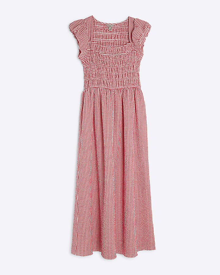 Red Gingham Cap Sleeve Shirred Midi Dress