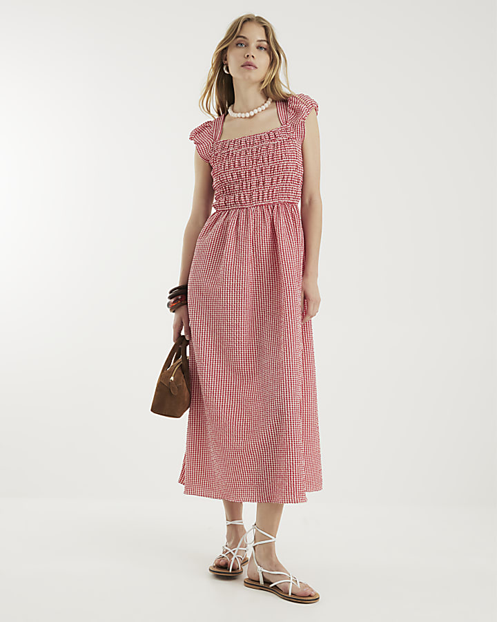 Red Gingham Cap Sleeve Shirred Midi Dress