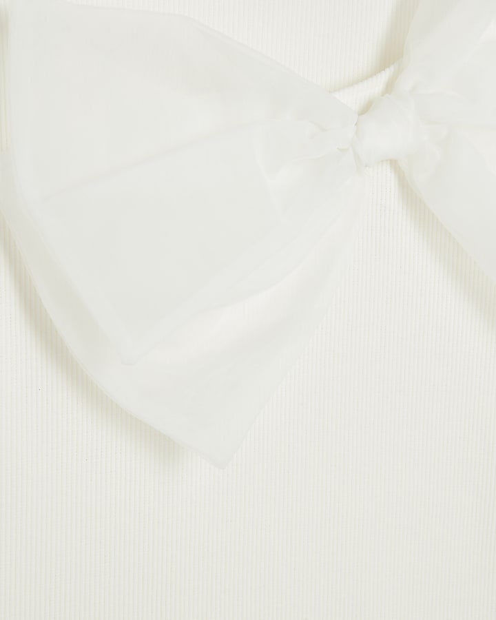 White Long Sleeve Organza Bow Top