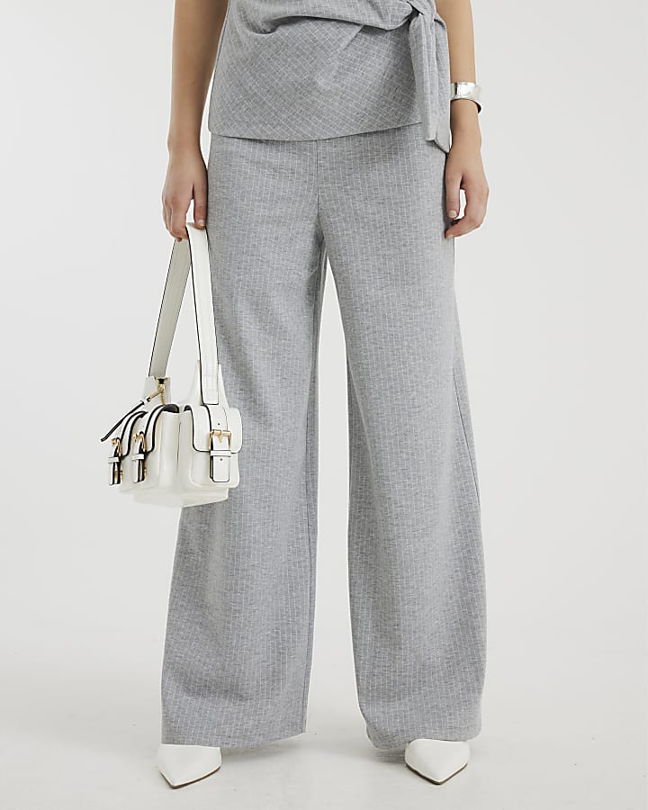 Grey Pinstripe Wide Leg Trousers