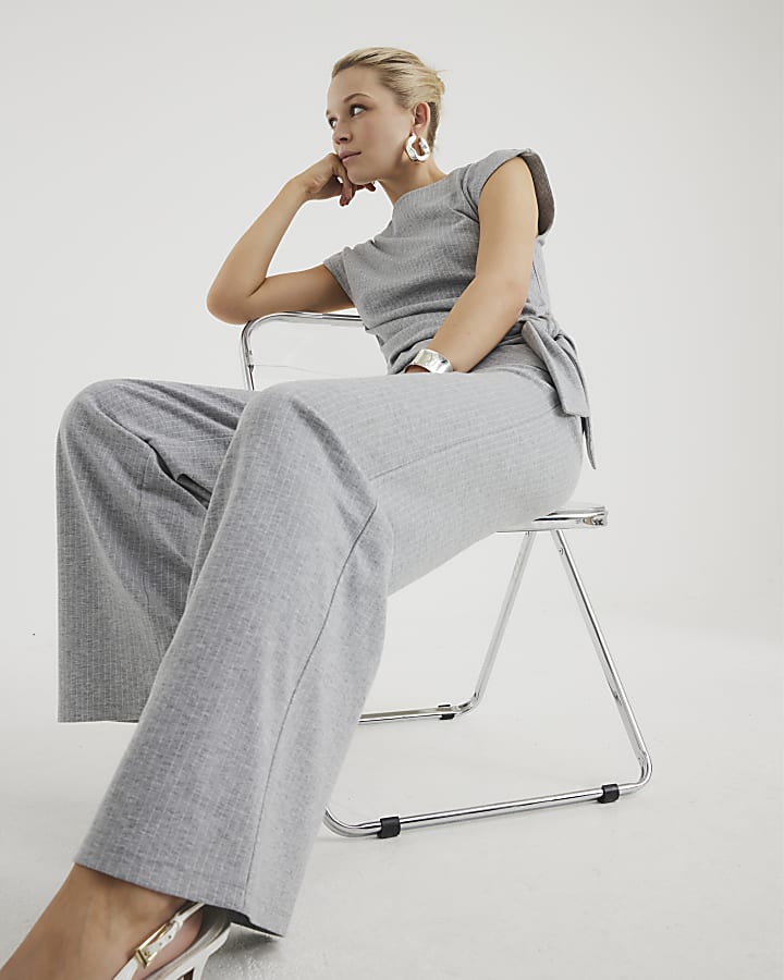 Grey Pinstripe Wide Leg Trousers