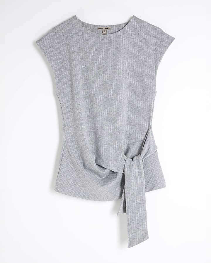 Grey Pinstripe Knot Detail Top