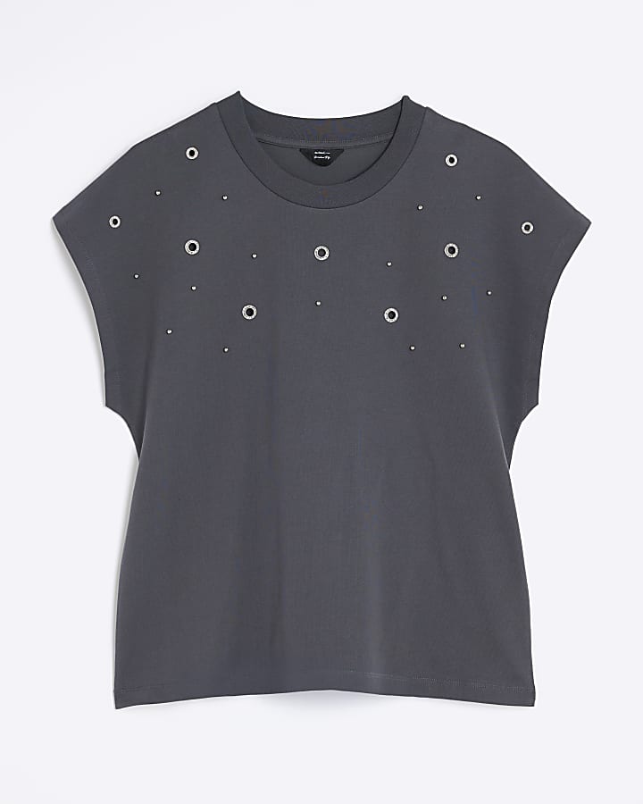 Grey Eyelet Detail T-Shirt