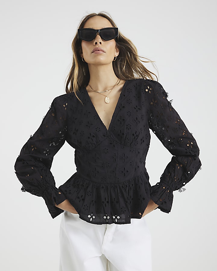 Black Long sleeve Broderie Peplum Top