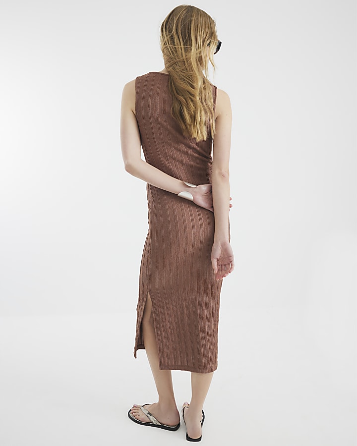 Brown Sleeveless Textured Midi Dress