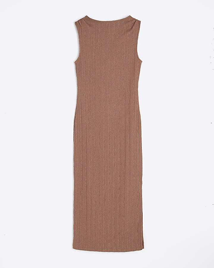 Brown Sleeveless Textured Midi Dress