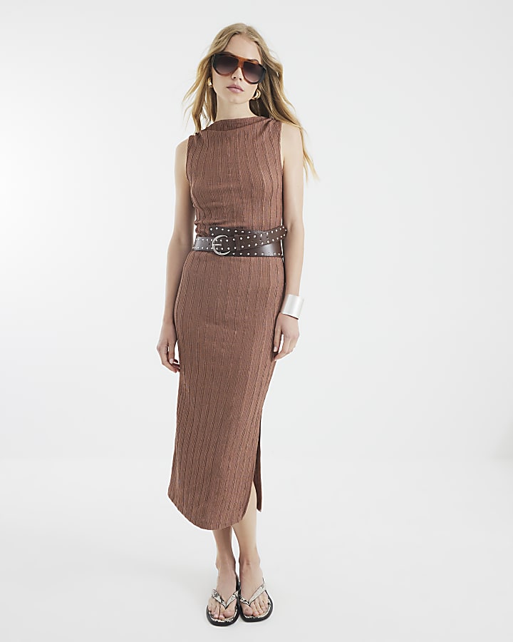 Brown Sleeveless Textured Midi Dress