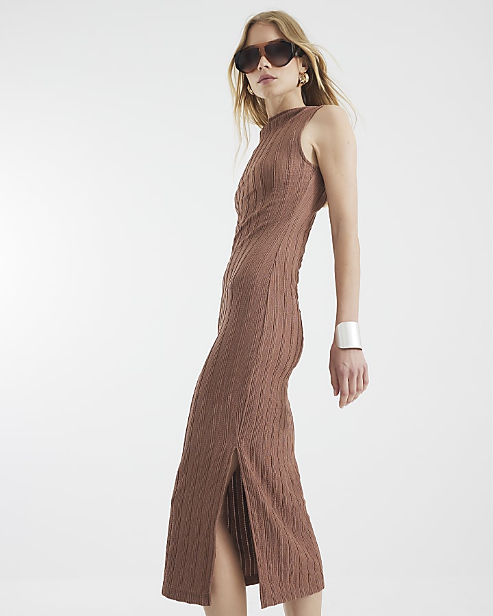 Brown Sleeveless Textured Midi Dress