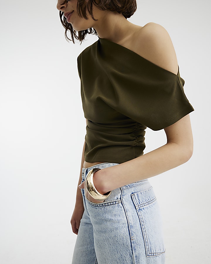 Khaki Grown On Sleeve Ruched Top