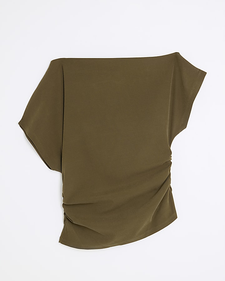 Khaki Grown On Sleeve Ruched Top