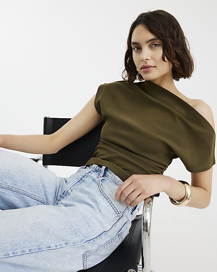 Khaki Grown On Sleeve Ruched Top
