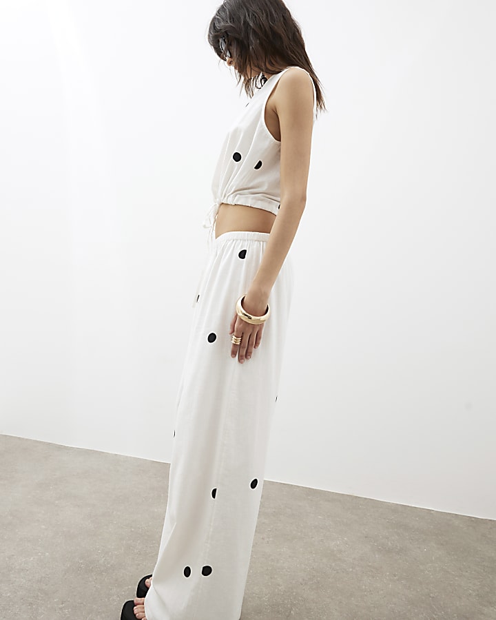 Cream Polka Dot Wide Leg Trousers