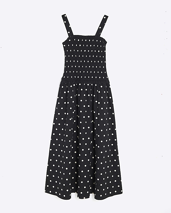 Black Polka Dot Shirred Midi Dress