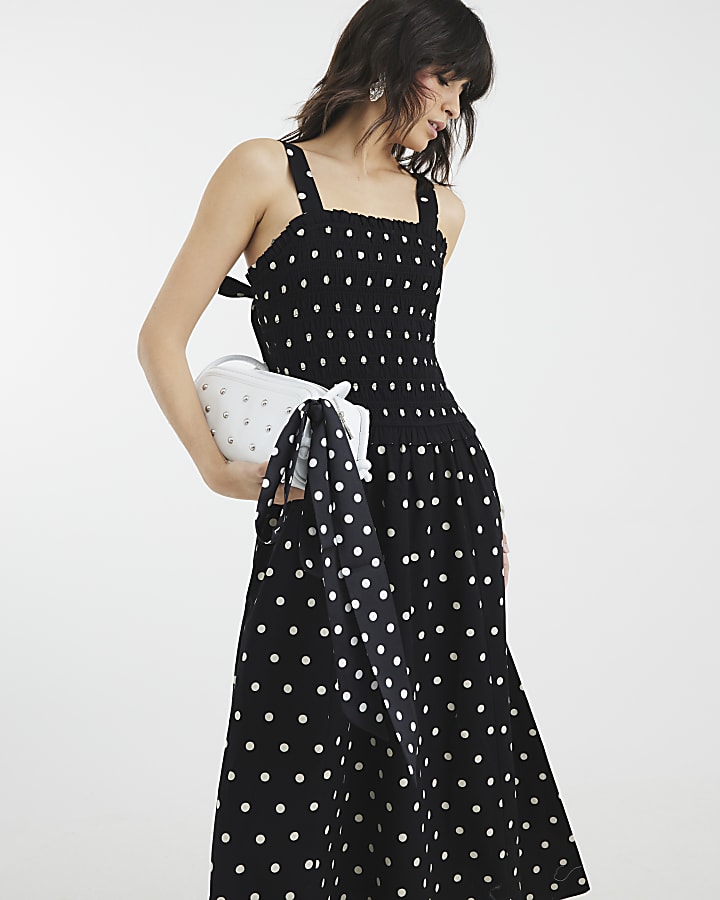 Black Polka Dot Shirred Midi Dress