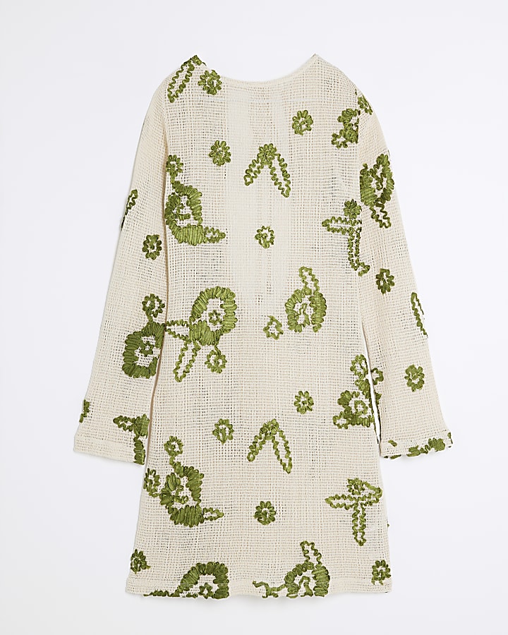 Khaki Embroidered Crochet Mini Beach Dress
