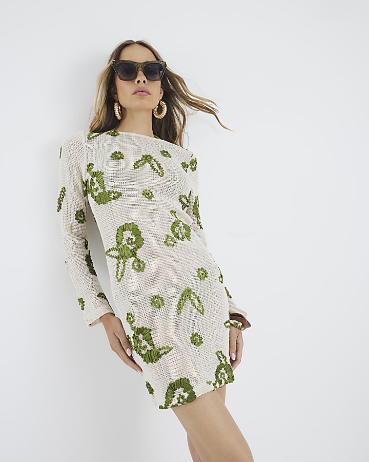Khaki Embroidered Crochet Mini Beach Dress