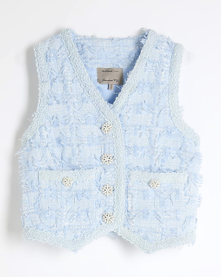 Blue Textured Boucle Waistcoat