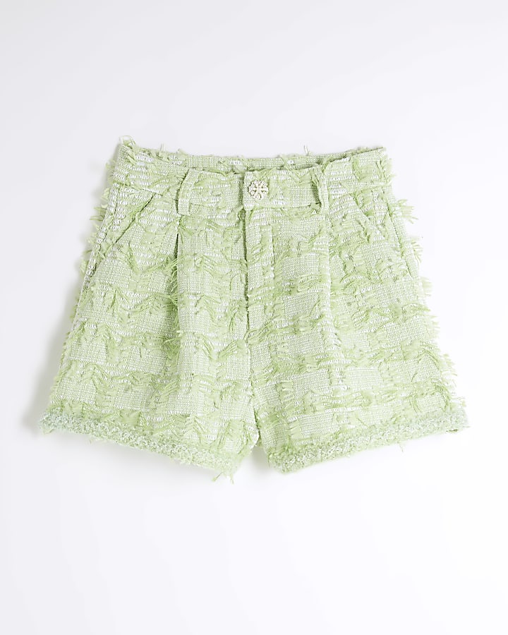 Green Textured Boucle Shorts