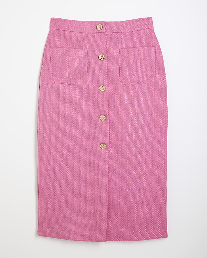 Pink Boucle Button Midi Skirt