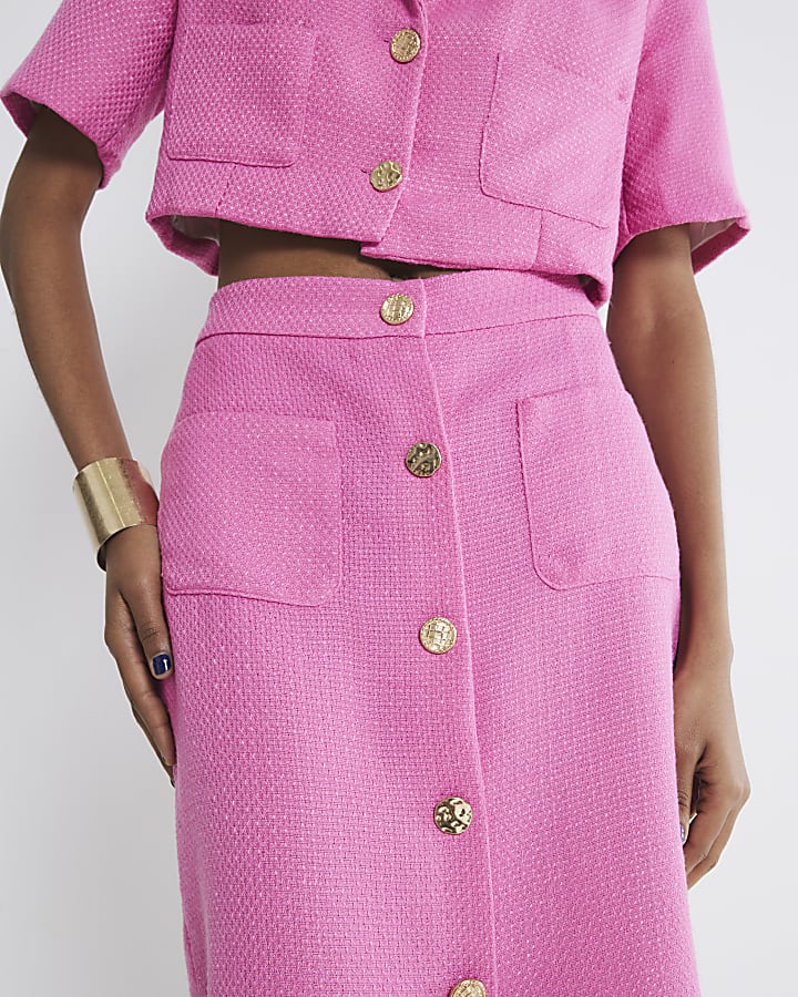 Pink Boucle Button Midi Skirt