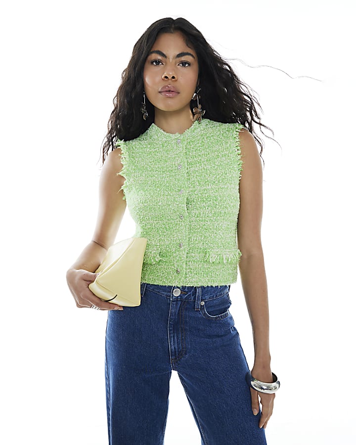 Green Boucle Fringed Waistcoat
