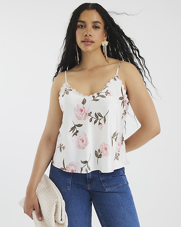 Cream Floral Scallop Trim Cami Top